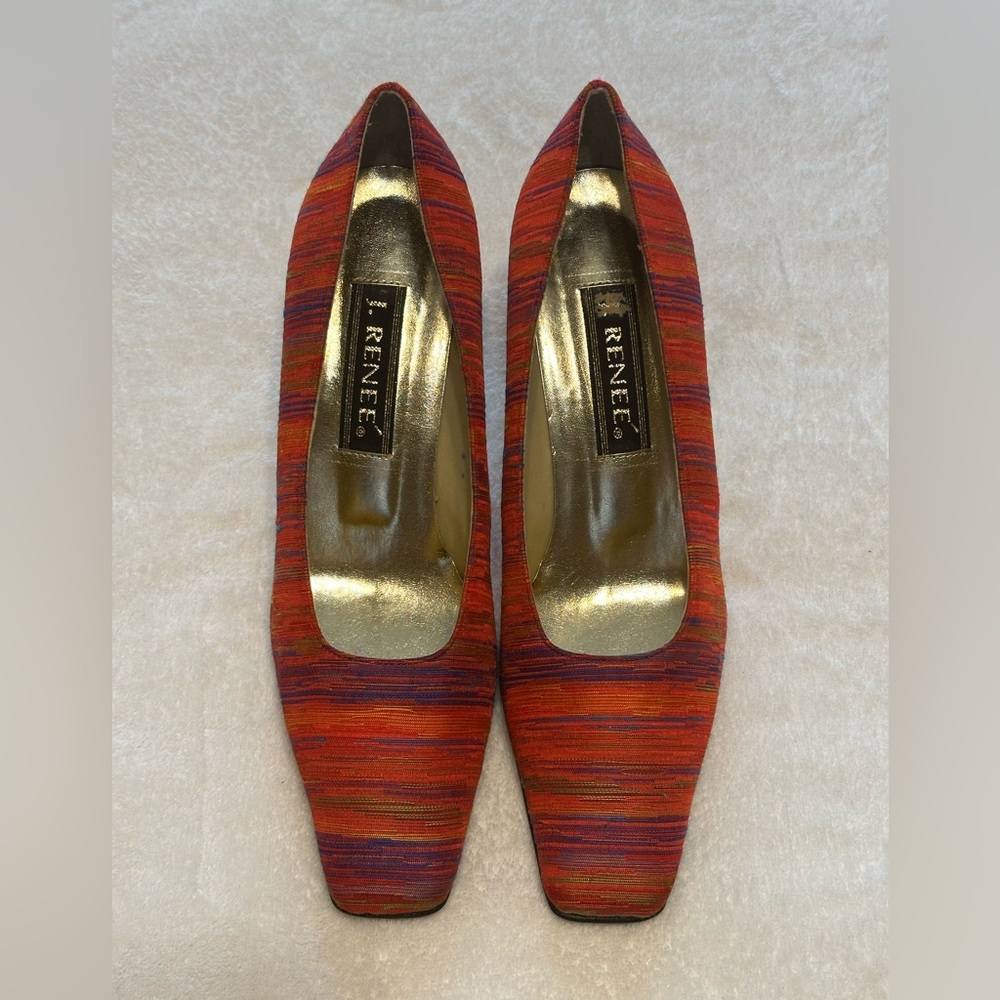 Red and Orange Striped 2 3/4 Heels. Fabric material, purse sold separately.